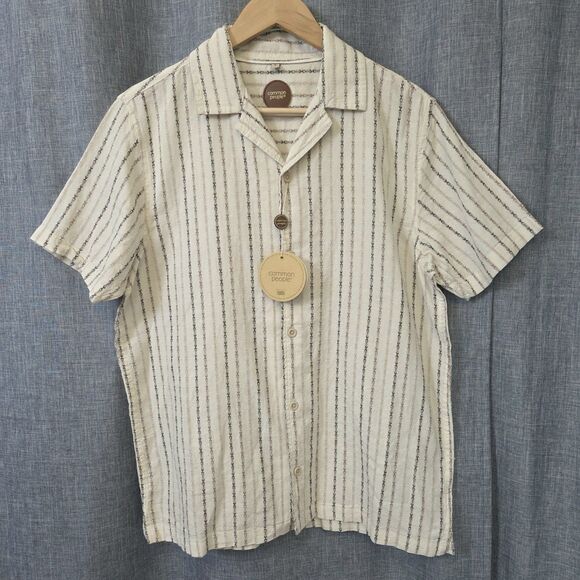 NWT COMMON PEOPLE Harris Shirt Linen Blend SS Tri Stone Stripe Men's S MSRP $179 - Picture 1 of 13